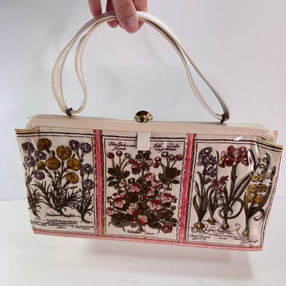 Vtg  60s 70s Soure' Flower Print w/ Rhinestones White Linen Plastic Large Purse
